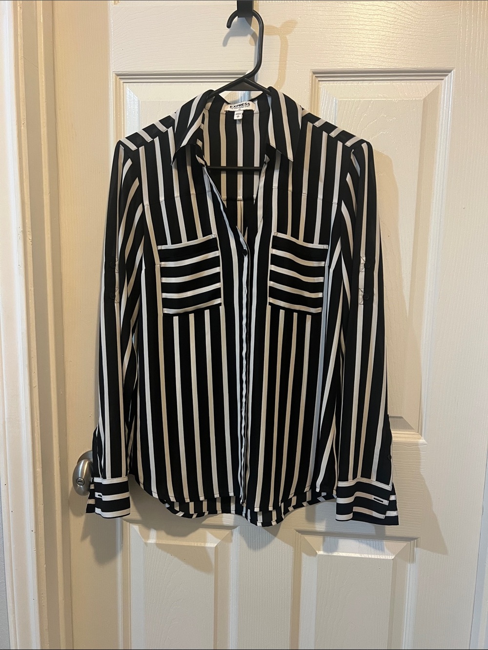 Express Black and White Vertical Stripe Portofino Blouse